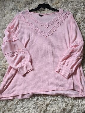 torrid Light Pink Waffle Knit Top with Lace Trim